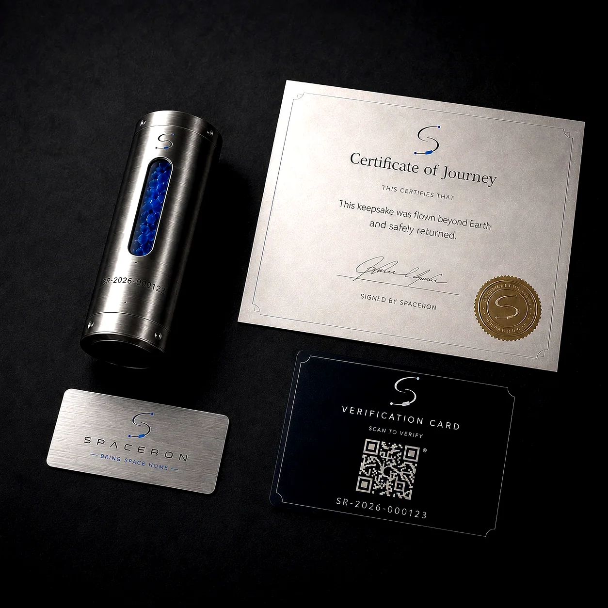 Spaceron presentation kit with capsule, certificate, verification card, and display components